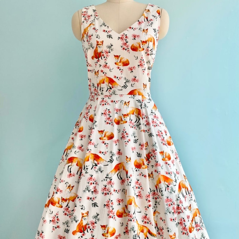 Fit & Flare Fox Print Dress, V-Neck in Front & Back with Full Skirt